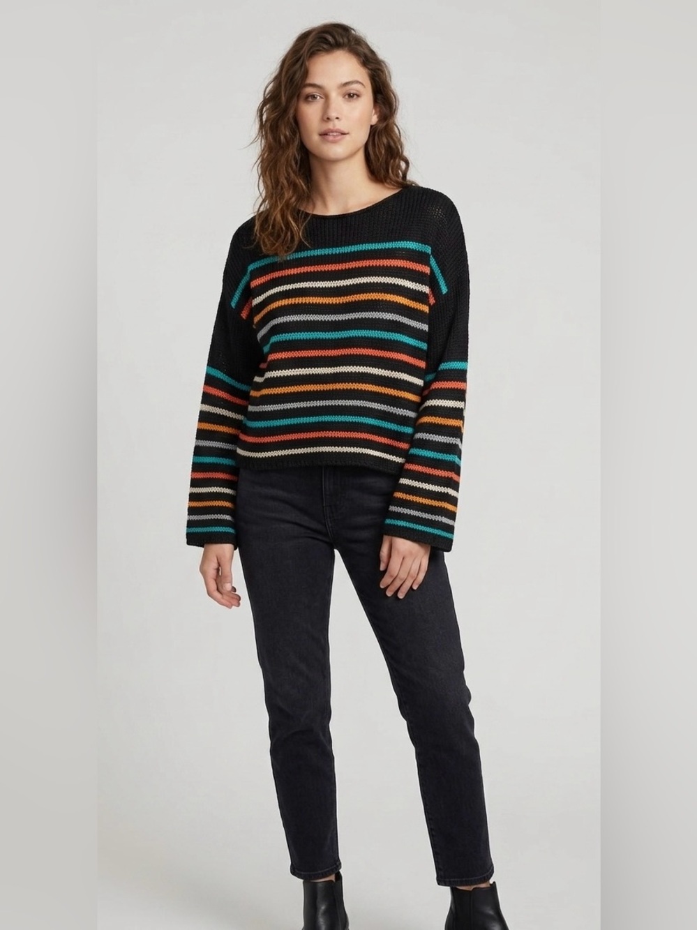 LOVESTITCH Multicolor Stripe Crew Neck Knit Sweater - Black Boxy Pullover
